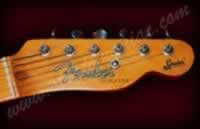 Fender Squier Logo Serie Kopfplatte. Man beachte das Squier Logo, welches an der Stelle stand, wo Custom Contour Body steht bei den Fender Gitarren.